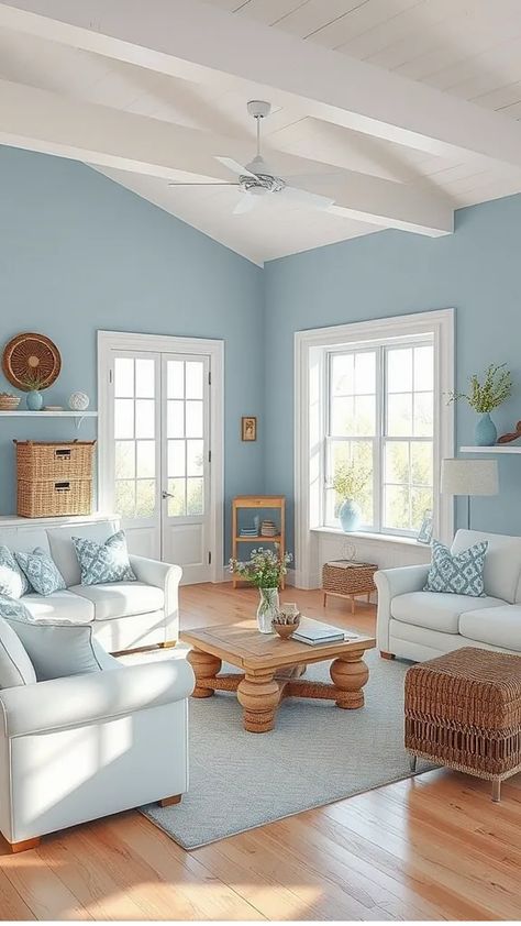 Cozy living room with light blue walls, white furniture, wicker accents, and natural light from large windows. Color Living Room Ideas, Blue Sofa Living Room Ideas, Living Room Ideas Elegant, Living Room Ideas For Men, Blue Sofa Living Room, Room Ideas Elegant, Living Room Ideas Blue, Room Ideas Blue, Blue Living Room Ideas