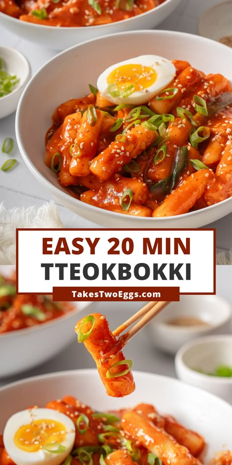 This EASY 20 minute Tteokbokki recipe is packed with soft and chewy rice cakes smothered in a sweet and spicy umami sauce. These Korean rice cakes are so easy to make but absolutely irresistible. Say hello to your new favorite go-to comfort food! Gochujang Rice Cakes, Spicy Rice Cake Recipe, Rice Cake Sticks, Teokkboki Rice Cake, Spicy Korean Rice Cake Recipes, Rice Cake Tteokbokki, Rice Cakes Recipe Korean, Rice Cake Sauce Recipe, Rice Cake Noodle Recipes