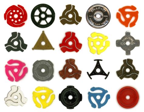 45 RPM Record Adapters, plastic and metal construction, 1950's - 1970's.    Top Row: Philco / Morse MFG. C, Fitchburg Mass. / No name ( Duotone type )/ Snap-It / No name    Second Row: No name ( Duotone type ) / Unknown German / No name ( Duotone type ) / No name ( Hutchison type ) / Fideltone    Third Row: Recotron / Webster / Airline / North American Philips (Norelco) / Audio Tool    Fourth Row : No name ( Duotone type ) / Automatic Plastics Company ( Canada ) / No name/No name( Recotron type) Fender Rhodes, Vinyl Collectors, 45 Records, I'm With The Band, Oldies But Goodies, Learning Design, I Remember When, 45 Rpm, I Love Music