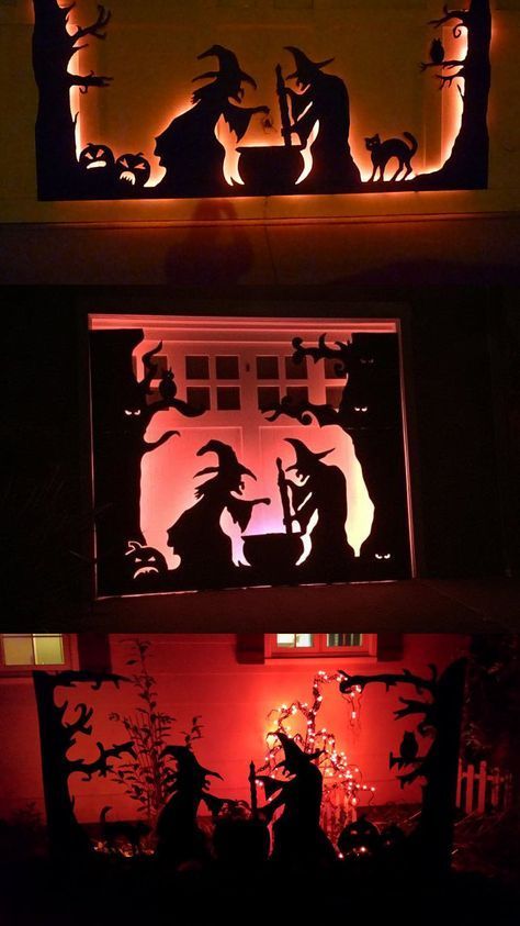 Backlit witches cutout for front yard DIY Front Yard Diy, Garage Door Halloween Decor, Halloween Front Yard, Halloween Garage Door, Pfp Halloween, Halloween Tattoo Ideas, Halloween Garage, Imprimibles Halloween, Halloween Yard Art