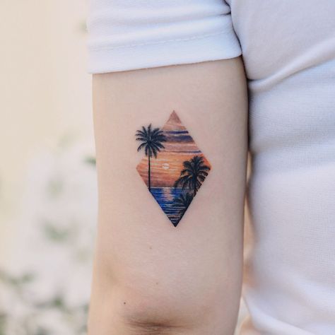 Forest Forearm Tattoo, Scenery Tattoo, Beach Tattoos, Rib Tattoos For Guys, Sunset Tattoo, Scene Tattoo, Abstract Tattoo Designs, Sunset Tattoos, Circle Tattoos