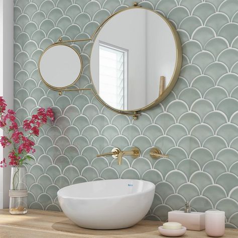 Light-Green-Coral-Bay-Fish-Scale-lifestyle-1000 Fish Tiles, Cheap Tiles, Pink Fish, Matte Tile, Coral Bay, Bathroom Tub, Feature Tiles, Blue Coral, Green Tile