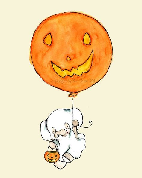 Cute Halloween Images, Elephant Print Art, Elephant Home Decor, Nursery Illustration, Balloon Illustration, Elephant Illustration, Halloween Artwork, 8x10 Art Prints, Halloween Illustration