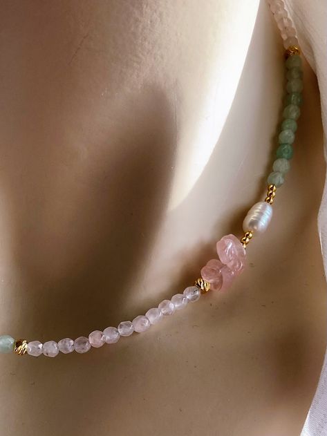 ★ Natural Stone (Aventurine, Pink Quartz, Pearl ) ★ Adjustable chain (16-17 inches) ★ Gold Plated Closure Pink Quartz Necklace, Quartz Jewelry Diy, Pink Quartz Jewelry, Pink Stone Necklace, Pastel Necklace, Marble Jewelry, Pink Pearl Necklace, Necklace Ideas, Rose Quartz Beads