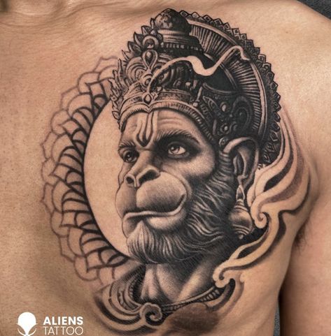 Hanuman Chest Tattoo, Hanuman Tattoo Stencil, Hanuman Tatoos Design, Hanumanji Tattoo Design, Hanuman Tattoo Designs For Men, Hanuman Ji Tattoo Design, Hanuman Ji Tattoo, Rudraksh Tattoo, Hanumanji Tattoo