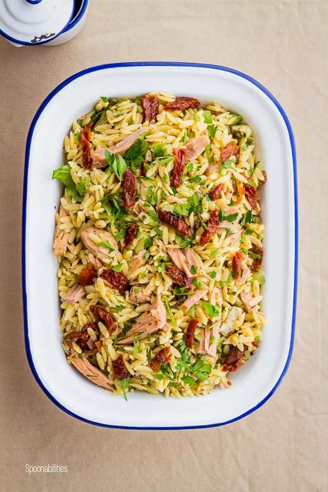 Orzo Tuna Salad, Dijon Mustard Dressing, Mediterranean Orzo Salad, Mediterranean Orzo, Summer Pasta Recipes, Tuna Fillet, Orzo Salad Recipes, Honey Mustard Vinaigrette, Orzo Pasta Salad