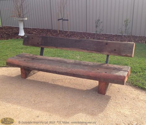 TK Tables details on the railway sleeper rustic seat with back support Sleeper Bench, Rustic Bench Seat, Garden Bench Seat, Wooden Bench Seat, Outdoor Alfresco, Garden Bench Seating, Outdoor Bench Seating, River Retreat, Rustic Wooden Bench