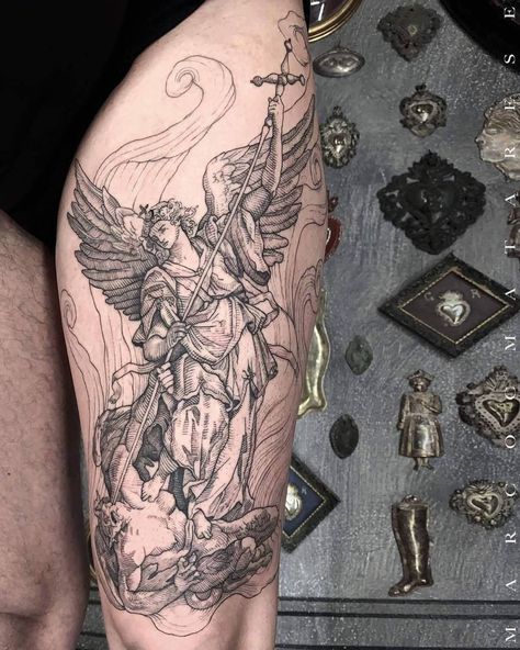 Statue Tattoo, Studio Tattoo, 4 Tattoo, Mythology Tattoos, Geniale Tattoos, Greek Tattoos, Cool Tattoos For Guys, San Michele, Angel Tattoo