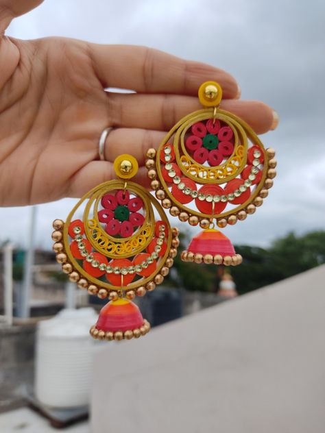 Quilling jewellery is very light weight and colour vibrations are superb. Can be customized in your choice of colours too. Quilling Jewelry Ideas, Quilling Bracelet, Quilling Earrings Jhumkas, Diy Quilling Earrings, Quilled Jhumkas, Quilling Accessories, Quilling Jhumkas, Quilling Earring, Handmade Flowers Tutorial