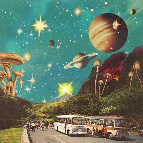 City In Space, Fantasy Collage, Space Collage, Dream Core, Surrealism Collage, Space Collage Wallpaper, Space Collage Aesthetic, Trippy Collage Wallpaper, Cosmic Collage Art