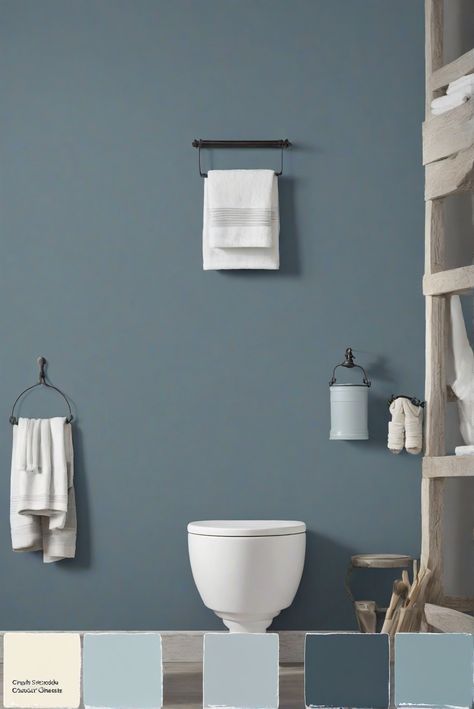 bathroom design, bathroom remodel, bathroom renovation, bathroom decorating Charcoal Blue Bathroom, Charcoal Blue Behr, Slate Blue Bathroom Walls, Sw Dark Blue Gray Paint Colors, Blue Steel Wall Paint, Behr Slate Blue Paint Colors, Half Bathroom Ideas Modern, Elegant Half Bathroom Ideas, Blue Bathroom Walls