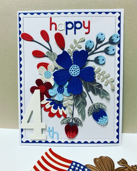 4th Of July Cards Handmade, July 4th Cards, Spellbinders Be Bold Blooms, Be Bold Blooms, 4th Of July Cards, Blue Cards, Patriotic Cards, Card Embellishments, Invite Ideas