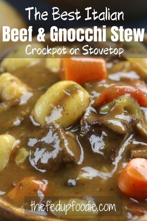 This delicious meal is the ultimate comfort food. Your family will love the classic Italian flavors, tender beef, hearty vegetables, and rich gnocchi all in a savory broth. Seconds, please? #BeefandGnocchiStew #BeefandGnocchiRecipe #BeefandGnocchiSoupCrockpot #ItalianBeefStewwithGnocchi #ItalianBeefGnocchi #BeefStew #GnocchiBeefStew #BeefStewGnocchiSlowCooker Roast Beef And Gnocchi, Braised Beef Gnocchi, Beef Gnocchi Soup, Beef Stew With Gnocchi, Gnocchi Beef Stew, Beef And Gnocchi Soup, Gnocchi Stew, Beef And Gnocchi, Beef Broth Soup Recipes