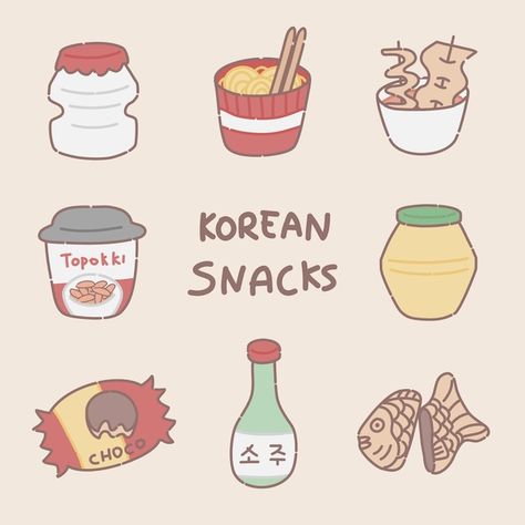 Korean snacks doodle | Premium Vector #Freepik #vector #street #background #culture #food Cute Korean Food Stickers, Korean Snacks Drawing, Korean Food Doodle, Asian Snacks Drawing, Korean Culture Drawing, Doodle Food Art Drawings, Korean Food Drawing Cute, Cute Korean Drawings, Asian Food Drawing