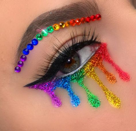 Inspired by the love and the creative makeup on the show! Makeup With Rhinestones, Rainbow Eye Makeup, Festival Make Up, Makeup Creative, Rhinestone Makeup, Makeup Hacks Beauty Secrets, Pride Makeup, Face Art Makeup, Rave Makeup