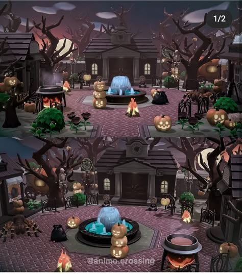 Spooky Town Animal Crossing, Acnh Halloween Island Designs, Acnh Spooky Plaza, Spooky Codes Animal Crossing, Spooky Anch, Gothic Animal Crossing Island Ideas, Acnh Goth Beach Ideas, Acnh Trick Or Treat Neighborhood, Halloween Anch Codes