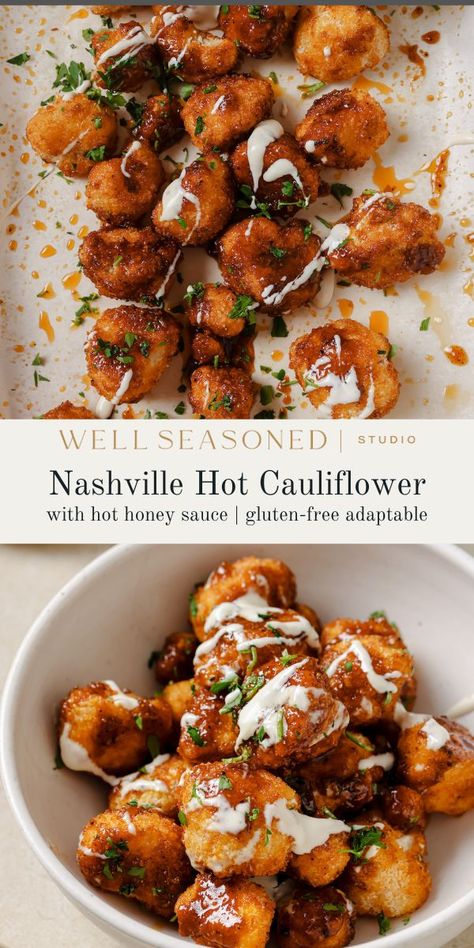 Nashville Hot Honey Cauliflower is a plant-based twist on the classic Nashville Hot Chicken that is every bit as satisfying, and healthier to boot! Instead of deep frying, we're roasting cauliflower florets in a buttermilk-hot sauce-breadcrumb-mixture; don't worry they get crispy! Serve with ranch or blue cheese dressing, or sandwich it between slices of white bread with mayo and pickles. #wellseasonedstudio #cauliflower #hothoney #nashvillehothoney #hotcauliflower Hot Honey Cauliflower And Chickpeas, Honey Cauliflower Recipes, Erewhon Cauliflower, Hot Honey Cauliflower, Nashville Hot Cauliflower, Roasting Cauliflower, Honey Cauliflower, Fried Chicken And Waffles, Cauliflower Fried