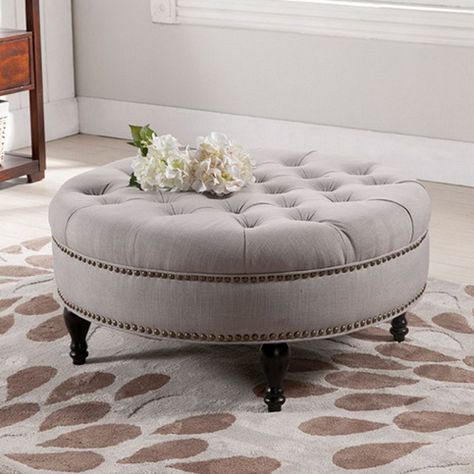 Baxton Studio Palfrey Round Ottoman - Ottomans at Hayneedle Round Tufted Ottoman, Ottoman Decor, Modern Ottoman, Tufted Ottoman, Round Ottoman, Baxton Studio, Ottoman Coffee Table, Upholstered Ottoman, Linen Upholstery