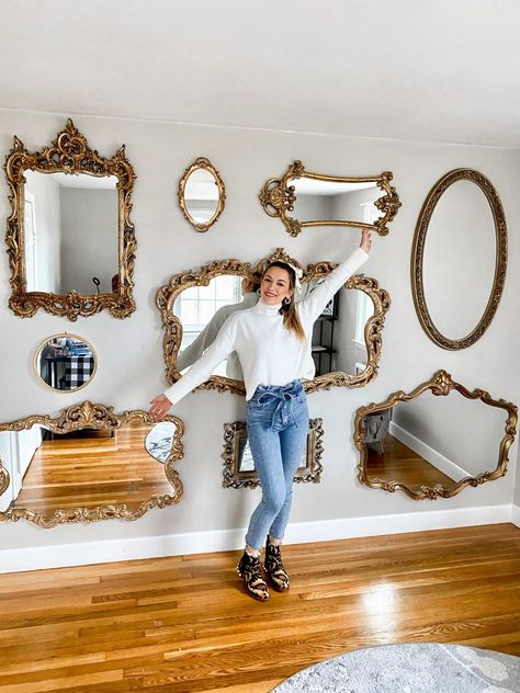 Old Mirrors On Wall, More Is More Decor, Mirror Gallery Wall Stairs, Mirror Gallery Wall Decor, Gallery Mirror Wall, Gallery Wall Of Mirrors, Mirror Wall Gallery, Gallery Wall With Mirror, Mirror Gallery Wall Ideas