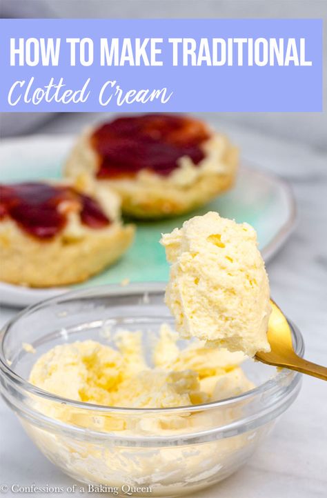 Deliciously thick and creamy English Clotted Cream is surprisingly easy to make. Heavy Whipped Cream that is not ultra-pasteurized and patience are all you need. This recipe for clotted cream takes a minimum of 24 hours to make so make sure you plan ahead.   #confessionsofabakingqueen #clottedcream #scones #englishscones #britishscones #afternoonteareipes #afternoonteascones #dessert #cbqbakes via @lizwaterson Clotted Cream Recipe, Clotted Cream Recipes, Afternoon Tea Scones, British Scones, English Scones, Rhubarb Muffins, Afternoon Tea Recipes, Tea Time Food, Brunch Recipe