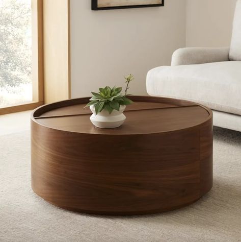 A Place to Store Blankets: West Elm Volume Round Storage Coffee Table Round Drum Coffee Table, West Elm Coffee Table, Pedestal Coffee Table, Drum Coffee Table, Living Room Setup, Live Edge Coffee Table, Round Storage, Winter Wood, Living Room Collections