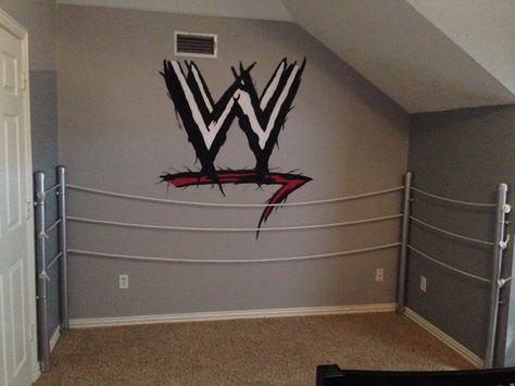 Wall Wrestling Room Basement, Wrestling Room Ideas, Wwe Poster Ideas Diy, Wwe Bedroom Ideas, Wwe Room Ideas Bedroom, Wrestling Theme Bedroom, Jordan Daniel, Wwe Bedroom Decor, Wrestling Bed