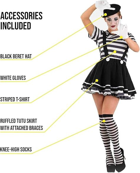 Amazon.com: fun shack Mime Costume for Women, French Mime Costume Women, Mime Costume Adult, Mime Halloween Costumes for Women : Clothing, Shoes & Jewelry French Costume Ideas Women, Mime Costume Diy Women, Mime Halloween Costume, French Mime, Mime Costume, Black Beret Hat, Diy Costumes Women, Black Beret, Halloween Costumes For Women