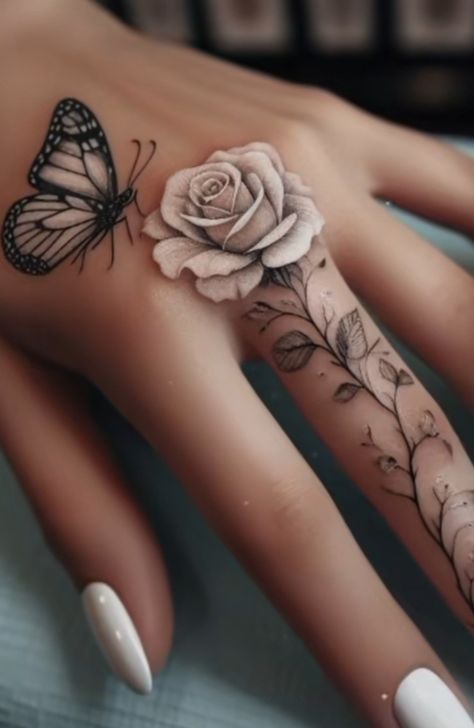 Feminine Butterfly Tattoo Design, Progressive Tattoos, Name With Flower Tattoo Design, Japanese Hand Tattoos Women, Butterfly Tattoo On Shin, Cover Up Finger Tattoos For Women, Full Color Sleeve Tattoos Women, Ladies Neck Tattoo, Womans Hand Tattoo