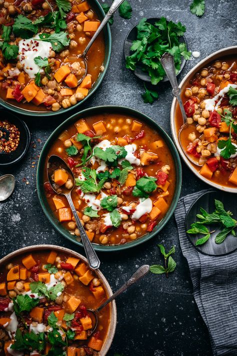 Moroccan Chickpea Lentil Stew Lentil And Chickpea, Chickpea Lentil, Moroccan Lentil, Vegan Stew Recipes, Stew Vegan, Moroccan Stew, Moroccan Chickpea, Crowded Kitchen, French Green Lentils