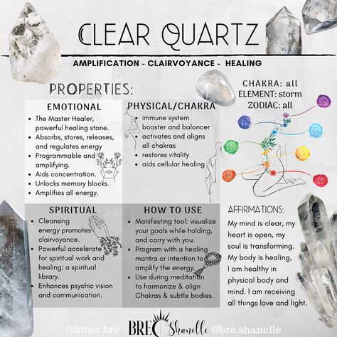 Everything you need to know about Clear Quartz. #clearquartz #clearquartzproperties #crystals #crystalmeaning #quartzmeaning #crystalinfo #affirmations Crystals For Clarity And Truth, Clear Quartz Crystal Affirmation, Clear Quartz Crystal How To Use, Clear Quartz Witchcraft, Clear Stones Crystal Healing, Clear Quartz Healing Properties, Crystals Clear Quartz, Clear Crystals Meaning, Clear Quartz Cleansing