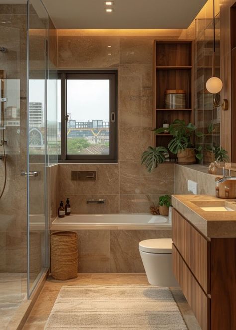 Bathroom Goals Aesthetic, Design Small Bathroom Ideas, Modern Cosy Bathroom, Amsterdam Bathroom Design, Brown And White Home Aesthetic, Rustic Bathroom Aesthetic, Bathroom Ideas Dark Brown Cabinets, Minimal Bathroom Aesthetic, Amal Bathroom Ideas