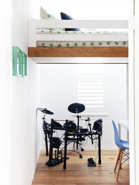 Drum set under lofted bed. Boys Loft Beds, Bed Linen Inspiration, Country Style Living Room, Teen Boy Room, Bed Linen Design, White Linen Bedding, Melbourne House, Designer Bedding Sets