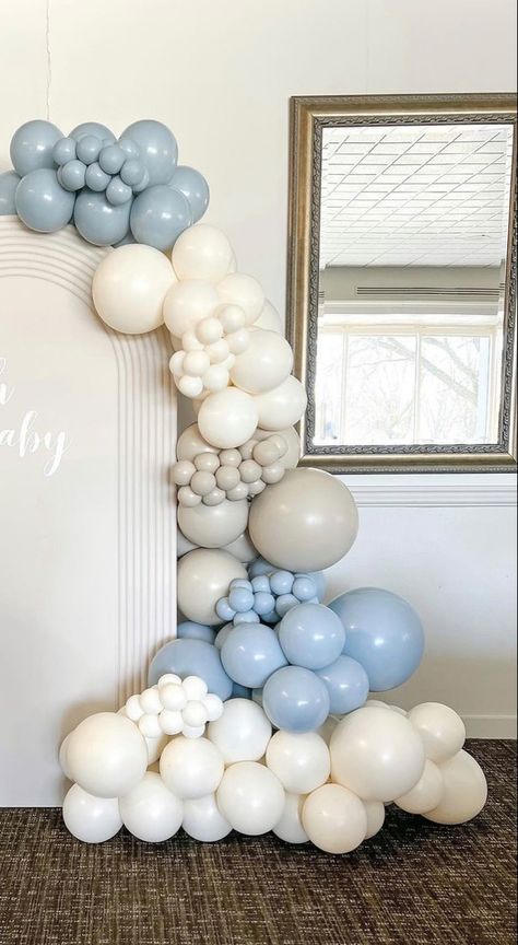 Dreamy Baby Shower Theme Boy, Baby Shower Boy Balloon Arch, Neutral Blue Baby Shower Ideas, Blue And Tan Baby Shower Ideas, Dusty Blue Balloon Arch, White And Blue Baby Shower Ideas, Boy Baby Shower Color Scheme, Winter Baby Shower Balloon Arch, Baby Boy Shower Balloon Arch