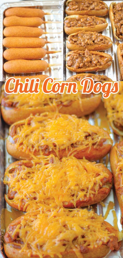 Corn Dogs With Chili And Cheese, Healthy Chili Dogs, Corn Dog Hot Dish, Corn Dog Chili Casserole, Chili Corndogs, Mini Chili Dogs, Dinners With Chili, Loaded Corn Dogs, Corn Dog With Chili And Cheese