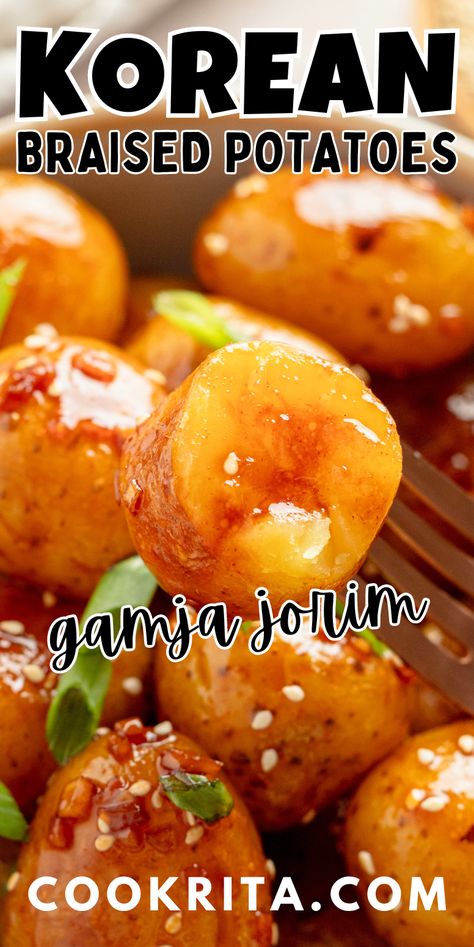 Savor the sweet and savory flavors of Korean Braised Potatoes! These tender baby potatoes are coated in a delicious soy-based sauce with a hint of sweetness, making them the perfect side dish for any Korean-inspired meal. Easy to make and bursting with flavor, Gamja Jorim is sure to be a hit at your table! Korean Potatoes Side Dishes, Korean Mashed Potatoes, Korean Braised Potatoes, Korean Potato Recipes, Japanese Side Dishes, Korean Potato Side Dish, Korean Potatoes, Korean Food Side Dishes, Japanese Side Dish