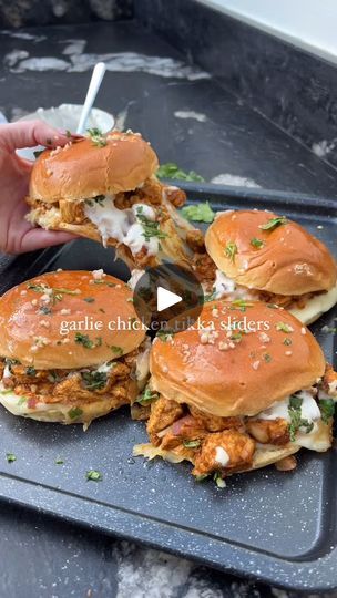 79K reactions · 52 shares | Garlic Chicken Tikka Slider Buns 😮‍💨 

Your weekend recipe coming in hot with these banging buns 🤌🏻 chicken tikka loaded up with mozzarella cheese and garlic mayo before being baked in brioche buns and brushed with garlic butter 🤤 an easy and quick recipe to throw together 💕

Hit SAVE and let me know if you recreate it 📌

Ingredients (makes 4): 
400g cubed chicken 
Tbsp garam masala 
50g tikka paste I used @asda 
40g fat free natural yoghurt 
Tbsp lemon juice 
2 tsp chopped garlic 
Tsp ginger puree 
Diced red onion *can add diced red pepper here too 
4 brioche buns 
4 mozzarella slices
A few sprigs of coriander chopped 
10g light butter 

Garlic mayo:
50g lighter mayo @hellmannsuk 
Tsp garlic granules 
Tsp lemon juice 
Pinch of salt 

💗In a bowl, add the Cubed Chicken, Weekend Recipe, Uni Meals, Chicken Fry, Chicken Garlic, Garlic Mayo, Garlic And Ginger, Chicken Sliders, Slider Buns