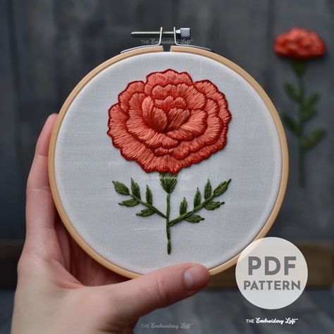 TheEmbroideryLoftCo - Etsy Canada Carnation Embroidery Patterns, Embroidery Carnation Flower, Carnation Embroidery, Carnation Pattern, I Need A Hobby, Modern Hand Embroidery Patterns, Embroidery Red, Garden Embroidery, Red Carnation