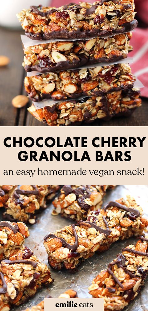 These Dark Chocolate Cherry Almond Granola Bars make great easy vegan snack and are super customizable. These homemade granola bars are a great meal prep snack idea! Easy Vegan Snack, Fruit Granola Bars, Almond Granola Bars, Chewy Granola Bars Homemade, Vegan Granola Bars, Cherry Granola, Chocolate Granola Bars, Almond Snack, Seed Bars