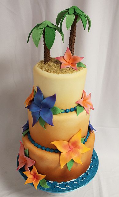 Tropical Beach Cake by Amanda Oakleaf Cakes, via Flickr Leavers Cake, Airbrush Cake, Cake Bake Shop, Island Cake, Beach Cake, Beach Cakes, Moana Party, Tiered Cake, Salty Cake