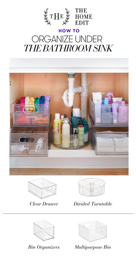 Home Edit Bathroom, Bathroom Cabinet Organization Under Sink, Under The Bathroom Sink Organization, Decor And Organization Ideas, Ideas For Bathrooms, Under Bathroom Sink, Bathroom Under Sink, Under Kitchen Sink, Bathroom Sink Organization