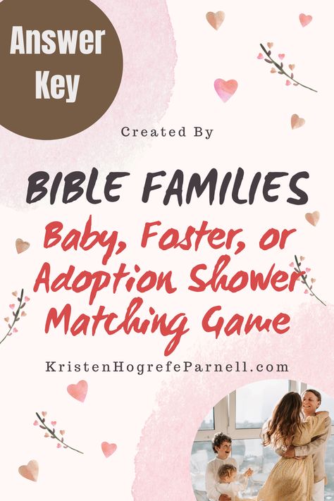 I hosted a foster-to-adoption shower for a friend and needed an appropriate game, so I made this Bible matching game. It prints on an 8.5 x 11 sheet. Here is the answer key, and the game itself is a separate pin in this board. Hope this blesses someone else! Adoption Baby Shower, Adoption Shower, Reunion Games, Family Reunion Games, Foster Care, Answer Keys, Matching Games, Baby Games, Party Inspiration