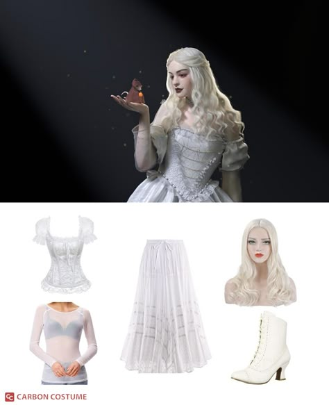 Diy White Queen Costume Wonderland, The White Queen Costumes, The White Queen Alice In Wonderland, White Costumes Ideas, White Queen Alice In Wonderland Costume, White Queen Halloween Costume, Alice In The Wonderland Costumes, Alice In Wonderland Costume Ideas Diy, Halloween White Dress