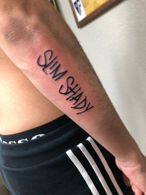 Simple Eminem Tattoo, Slim Shady Tattoo Ideas, Tattoo Ideas Eminem, Eminem's Tattoos, Eminem Lyrics Tattoo, Eminem Tattoo Design, Slim Shady Tattoo, Eminem Inspired Tattoos, Rap Tattoo Ideas