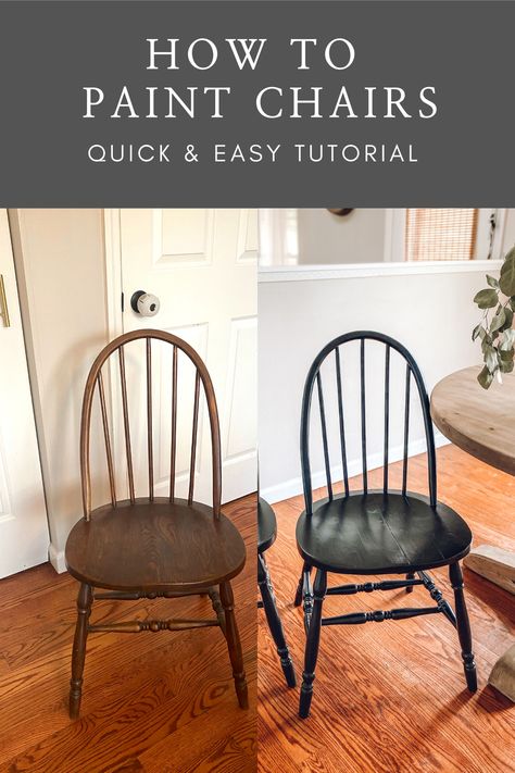 Chair Makeover Wooden, Diy Painted Table And Chairs, Chair Painted Ideas, Refurbished Dining Room Table And Chairs, Black Windsor Dining Chairs Round Table, How To Paint Wood Chairs Black, How To Redo Chairs, Painted Wooden Table And Chairs, Repainting Kitchen Chairs