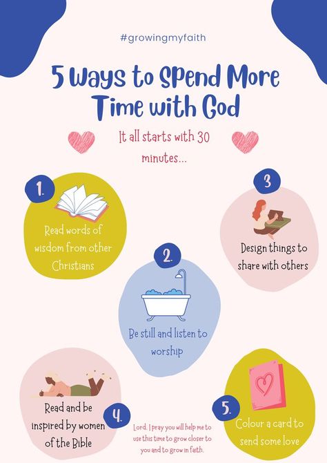 5 Ways to Spend More Time with God - It all starts with 30 minutes... 1. Read words of wisdom from other Christians; 2. Be still and listen to worship; 3. Design things to share with others; 4. Read and be inspired by women of the Bible; 5. Colour a card to send some love. Lord, I pray you will help me to grow closer to you and to grow in faith. Spending Time With God Ideas, How To Spend More Time With God, How To Submit To God, Build Relationship With God, How To Start A Relationship With God, How To Build A Relationship With God, Ways To Spend Time With God, Building Relationship With God, How To Spend Time With God