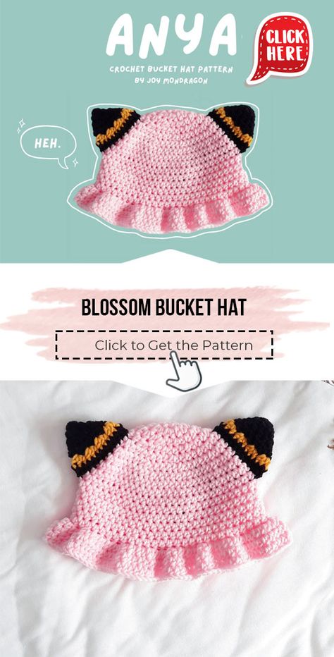 Crochet Ideas For Sell, Crochet Anya Forger Hat, Anya Bucket Hat Crochet, Anya Crochet Pattern, Crochet Anya Forger, Anya Crochet Hat, Easy Anime Crochet, Anime Crochet Bucket Hats, Crochet Projects Anime