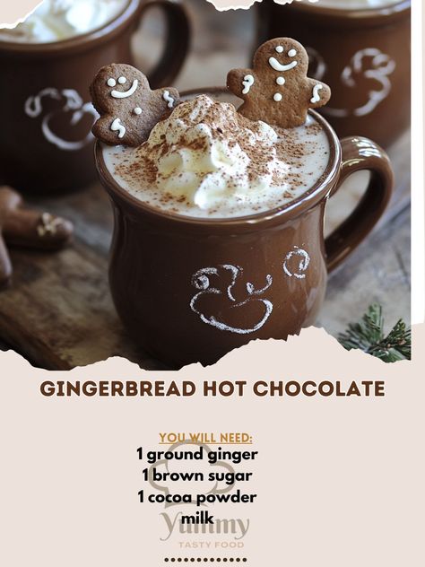 🎄✨ Unleash the cozy holiday vibes with our Gingerbread Hot Chocolate - a warm hug in a mug! 🍫☕ Gingerbread Hot Chocolate Ingredients: - 2 cups milk - 1/4 cup cocoa powder - 1/4 cup brown sugar - 1/2 tsp ground ginger - 1/2 tsp ground cinnamon - 1/4 tsp ground nutmeg - 1/4 tsp vanilla extract - Whipped cream (for topping) - Gingerbread cookies (for garnish) Instructions: 1. In a saucepan, heat milk until warm. 2. Whisk in cocoa powder, brown sugar, ginger, cinnamon, and nutmeg until well co... Fancy Hot Chocolate, Gingerbread Hot Cocoa, Gingerbread Hot Chocolate, Hot Chocolate Ingredients, Chocolate Ingredients, Hot Choco, Cozy Fall Recipes, Hug In A Mug, Festive Drinks