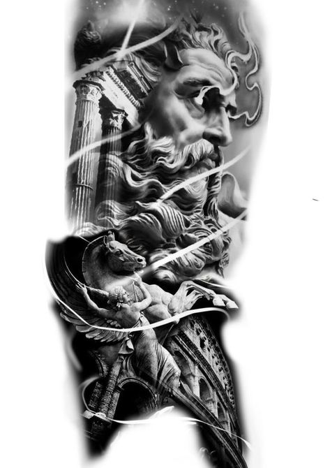 Greek God Tattoos For Men Leg, Zuse God Tattoo Designs, Zeus Realism Tattoo, Zuse Tattoos, Zeus Shoulder Tattoo, Zeus Sleeve Tattoo, Greek Mythology Leg Sleeve, Ancient Greek Tattoo Mythology, Greek Gods Tattoo