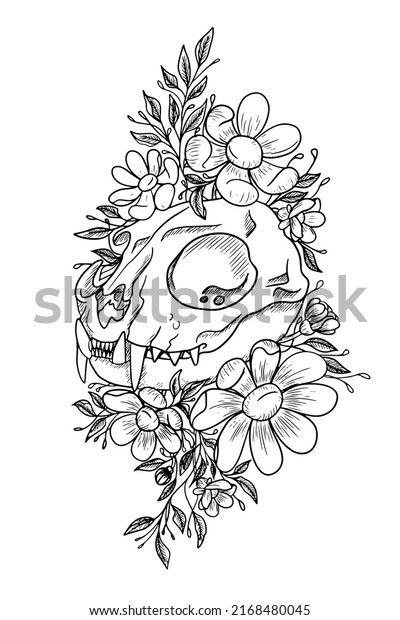 Cat Skull Flower Tattoo, Cat Skull And Flowers Tattoo, Cat Skull Tattoo, Cat Skeleton, Illustration Cat, Doodle Ideas, Cat Skull, Skull Tattoo Design, Floral Cat