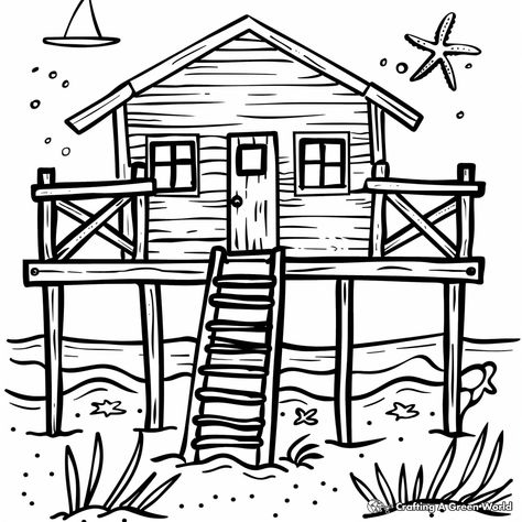 Please enjoy these beach house coloring pages! Beach House Sketch, Beach House Drawing, House Coloring Pages, House Doodle, Outline Pictures, House Outline, Beach Coloring Pages, Modern Hand Embroidery Patterns, Kindergarten Coloring Pages